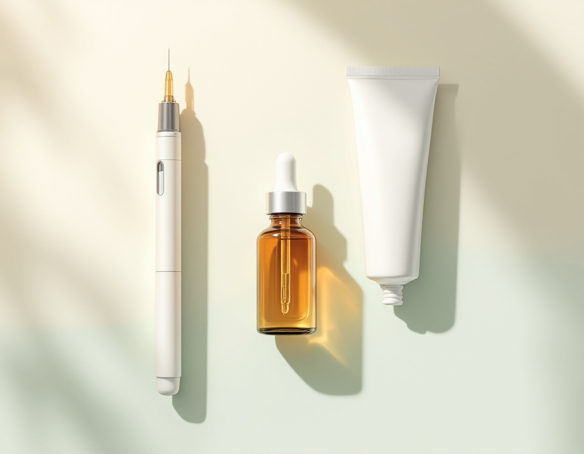 A white injector pen, an amber-glass dropper bottle, and a white cosmetic tube on a soft cream and sage background